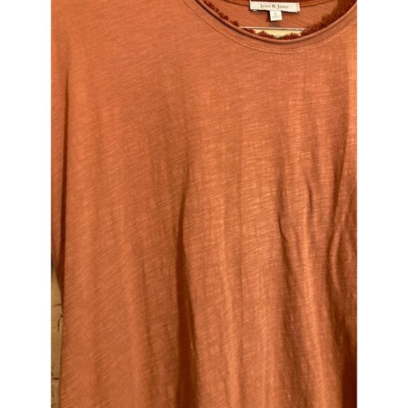 Jess & Jane Top Womens Small Rust Brown Hi Low Frayed Hem Edges Lagenlook Artsy - Picture 4 of 12